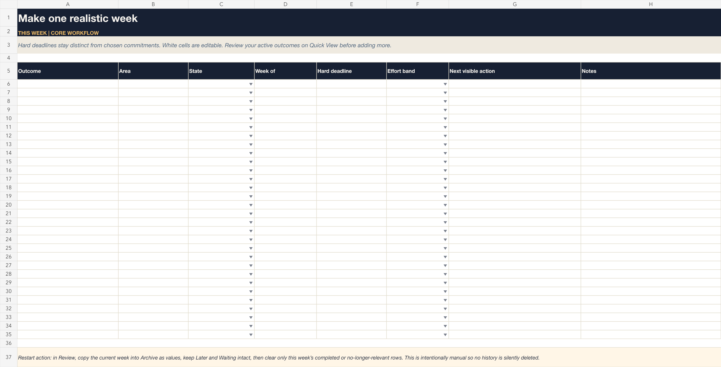 Weekly Reset This Week worksheet with editable commitment columns.
