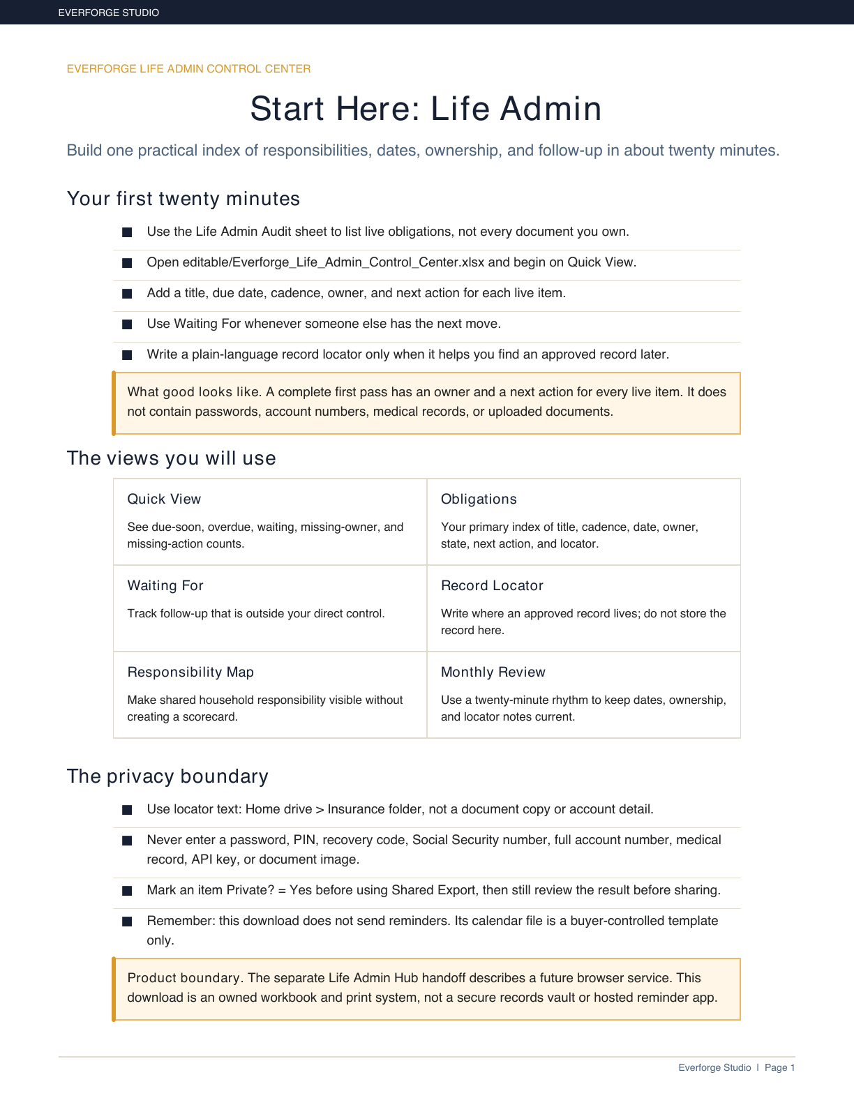 First page of the Everforge Life Admin Control Center Start Here guide.