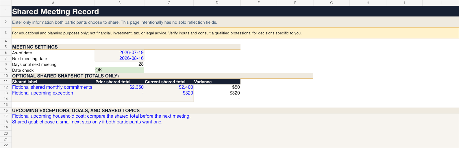 Shared workbook meeting record with shared totals, next meeting date, and shared topics.
