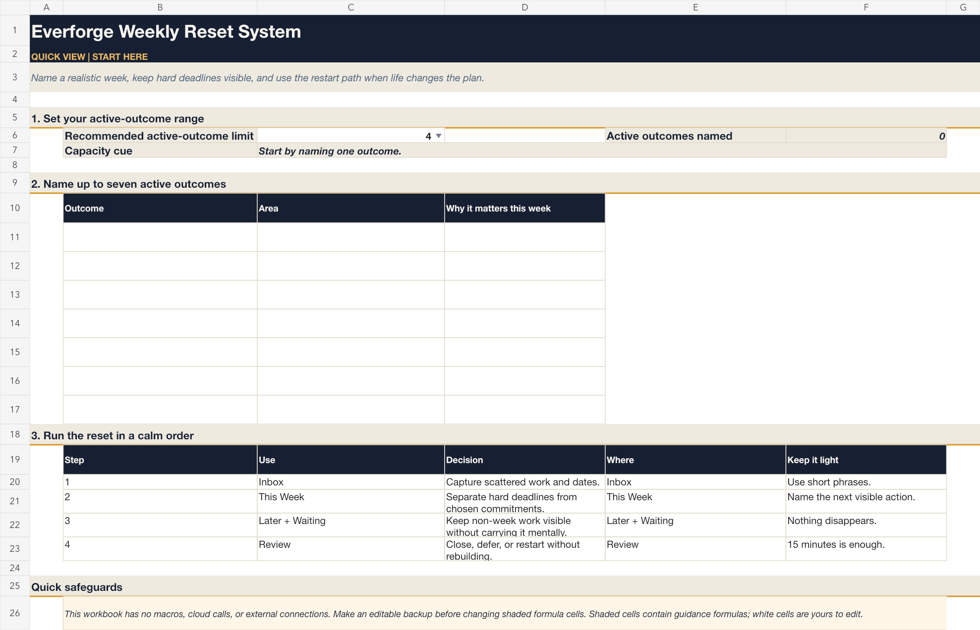 Weekly Reset Quick View with an active-outcome limit and weekly workflow.