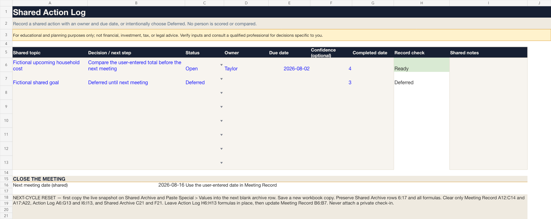 Shared workbook action log with status, owner, due date, confidence, and shared notes.