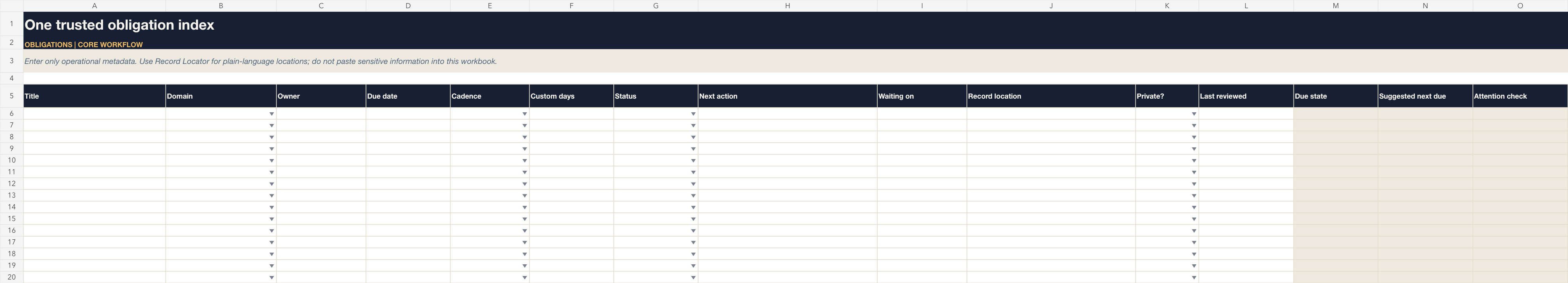 Life Admin Obligations worksheet with editable responsibility fields.