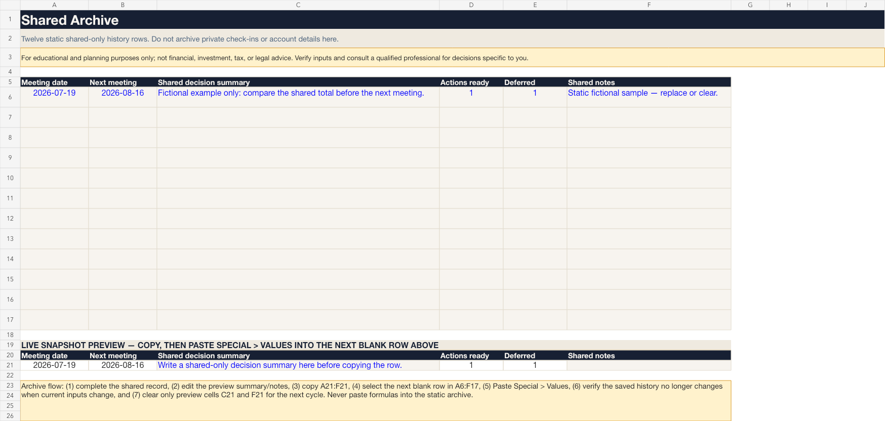 Shared archive worksheet with static history rows and a live snapshot preview for paste-as-values archiving.