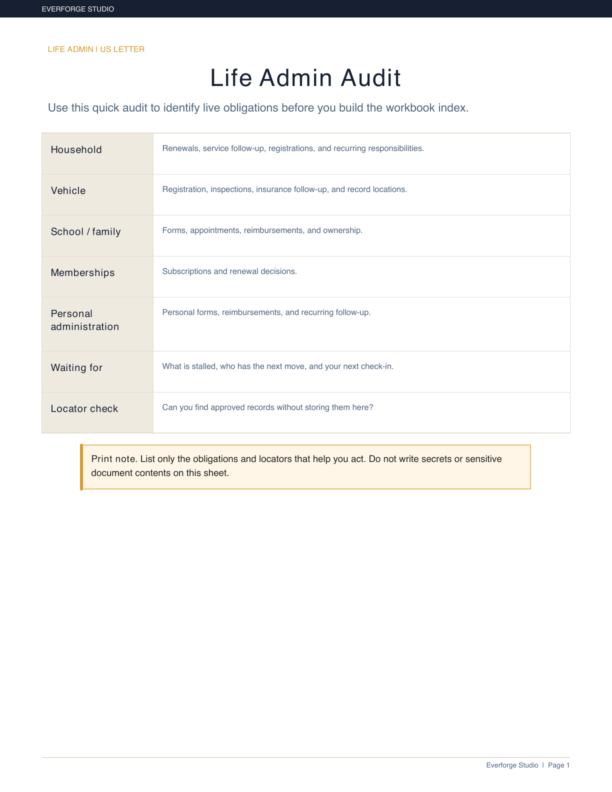 Printable Life Admin Audit sheet.