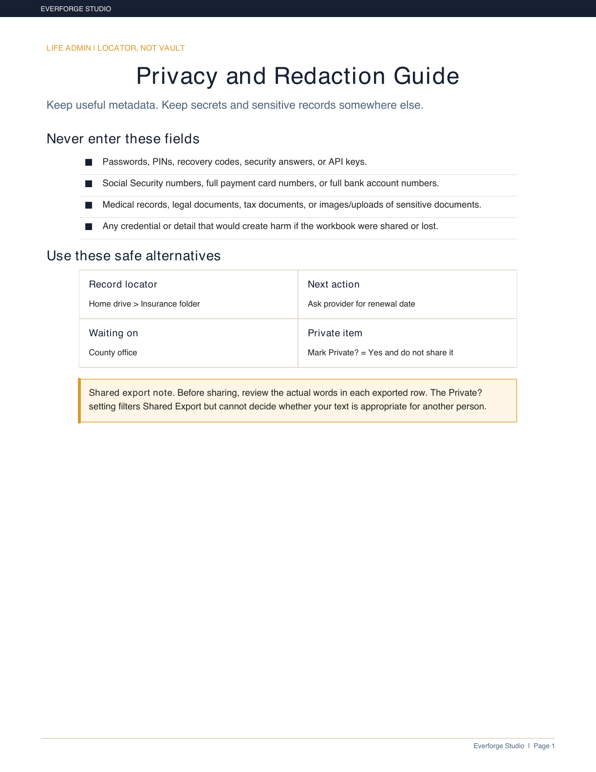 First page of the Life Admin privacy and redaction guide.
