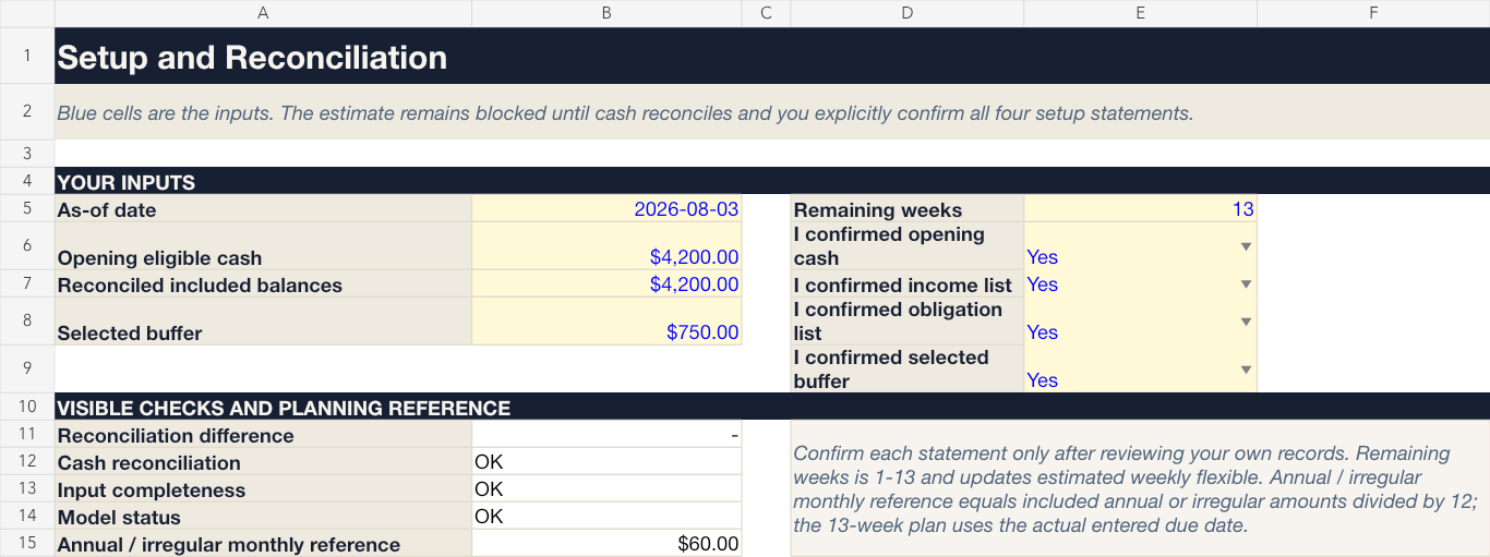 Setup sheet with editable planning inputs and visible reconciliation checks.