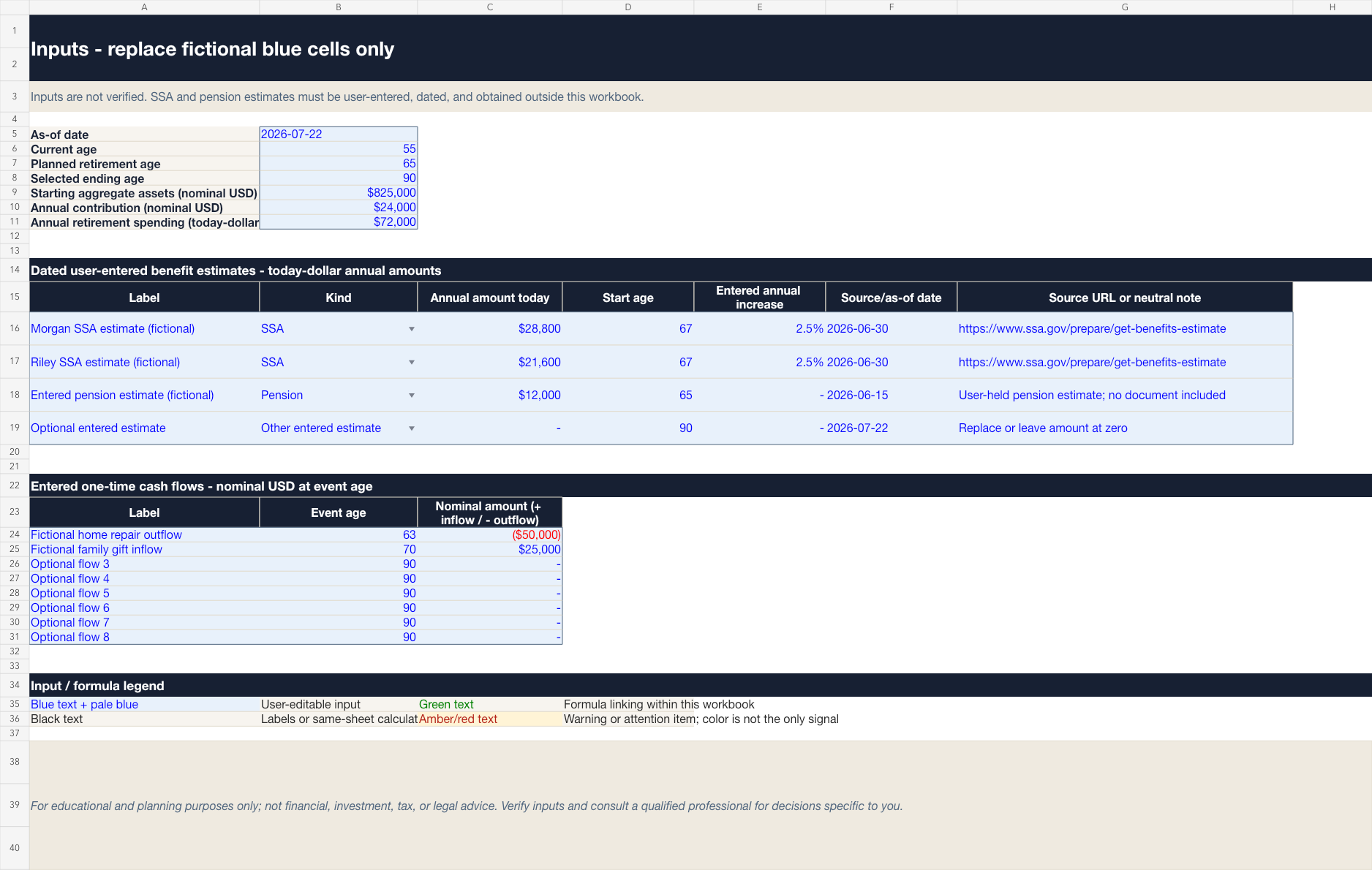 Excel inputs sheet with blue editable retirement assumptions and dated benefit estimates